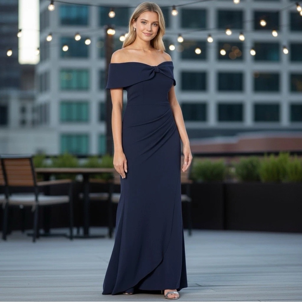 Xscape Navy Off-Shoulder Maxi Gown
